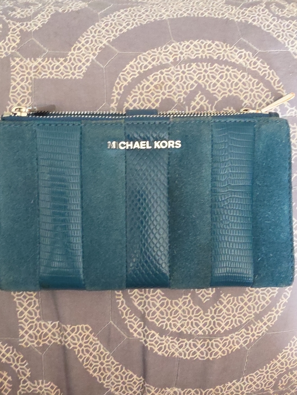 Michael Kors Teal Suede & Embossed Leather Zip Wallet